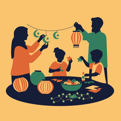 Muslim family crafting decorations for ramadan celebration with kids. Festive spirit.