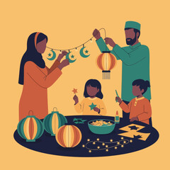 Muslim family crafting ramadan decorations together, celebrating the holy month at home.