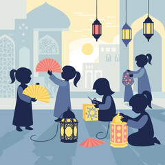 Girls in silhouette crafting ramadan lanterns and holding fans in a middle eastern scene.