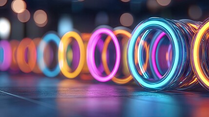 Colorful Neon Geometric Rings Loop Seamlessly Displayed On A Dark Reflective Surface With Bokeh Lights In The Background