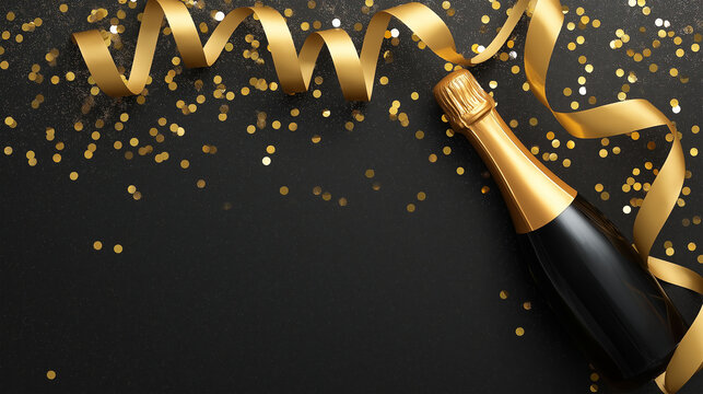 A festive image showcases a bottle of champagne surrounded by gold ribbon, accompanied by golden confetti, creating a sense of joy and celebration. 