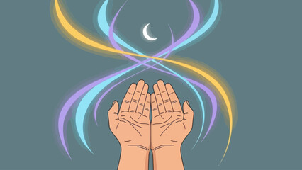Illustration of hands raised in prayer with crescent moon and glowing light trails.