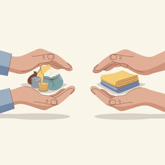 Hands offering essential goods, food, and clothing as a symbol of charity and support.