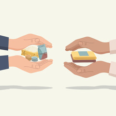 Two hands exchanging goods, food, coins and clothes. Charity and donation concept.