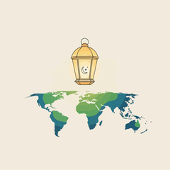 Ramadan lantern with crescent and star over a world map, representing global celebration.
