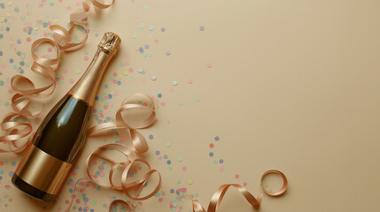 A celebration of luxury and festivity, featuring a bottle of champagne alongside elegantly curled ribbons and confetti. The image exudes a sense of glamour, joy.