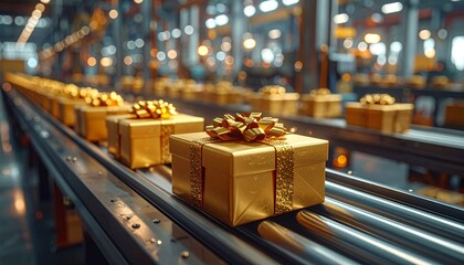 Golden gifts on factory conveyor belt.