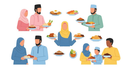 Muslim people in traditional clothing holding plates of food, celebrating eid al fitr.