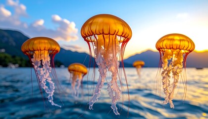 Golden jellyfish swimming in sea at sunset.