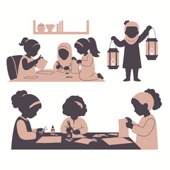 Diverse girls enjoy crafting and celebrating ramadan with lanterns in a vector illustration.