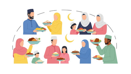 Muslim families share food during ramadan celebration. Generosity and togetherness concept.