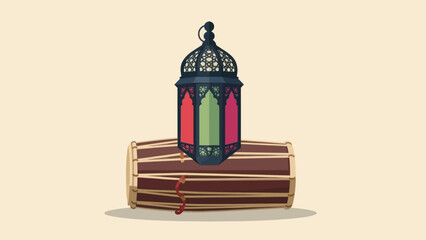 Eid al fitr mubarak with lantern and drum, perfect for festive celebrations. Vector illustration.