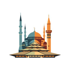 Mosque building with minarets, dome and crescent moon in warm and cool color palette.