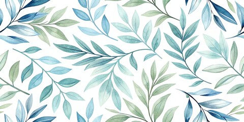 Elegant watercolor blue and green leaves seamless pattern design