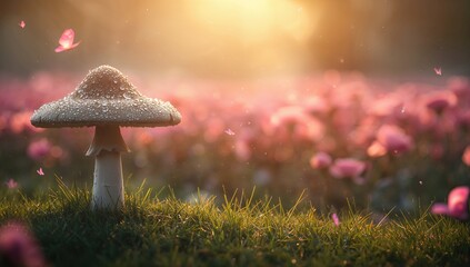 Naklejka premium Large mushroom in an enchanted garden with blooming pink roses and morning sunbeams, serving as a background element for fantasy-themed layouts