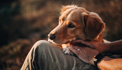 Close up of a golden retriever dog resting its head on a person's lap outdoors at sunset