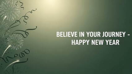 Happy new year greeting card with fireworks and streamers on a green background with text