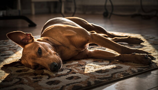 Tan colored dog sleeping peacefully on a patterned rug in warm sunlight