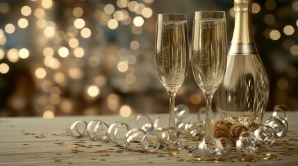 Celebrate the magic of the occasion with a beautifully arranged champagne bottle and flutes, accented by sparkling lights and festive ribbons, capturing the essence of a joyous moment.