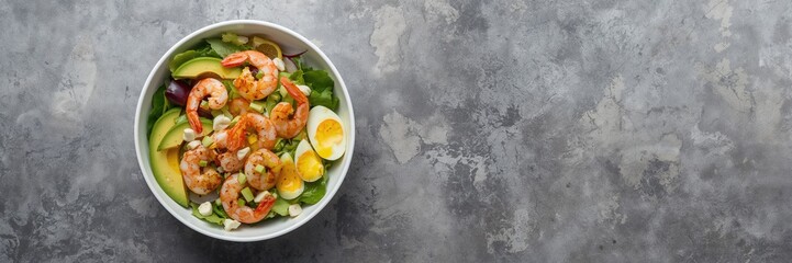 Cooked eggs, avocado, and shrimp in a nutritious salad emphasizing protein and healthy fats, set against a grey stone background, food health awareness