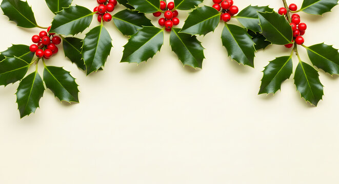 A festive Christmas border of green holly leaves and red berries on a plain cream background with copy space. - Powered by Adobe