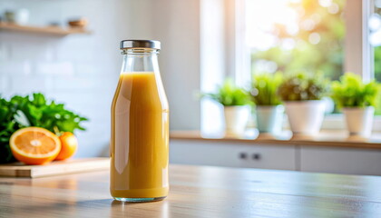 A glass bottle of orange juice sits on a wooden table beside fresh oranges and green leaves