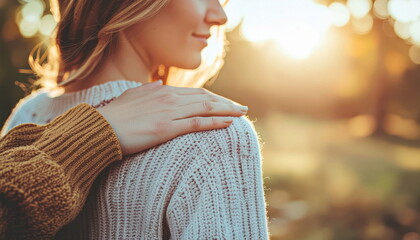A comforting hand rests gently on a woman's shoulder with warm sunlight