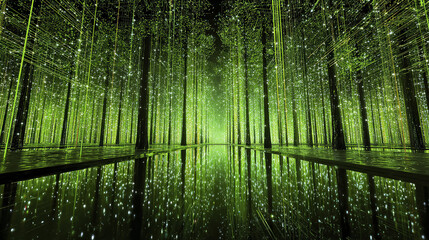 Obraz premium Synthetic Forest: Luminous Green Data Streams Fall into Reflective Waters