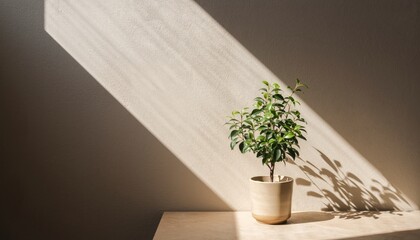 A small potted plant casts shadows on a textured wall illuminated by angled sunlight