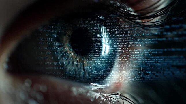 Macro shot of a human eye with glowing blue computer code reflected on the iris.