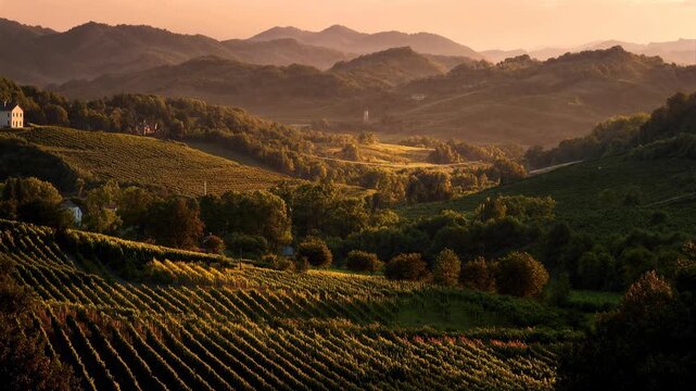 Sunlit vineyard stretching across rolling hills at golden hour with rows of vines fading into misty mountains ideal for travel wine tourism sustainable agriculture and countryside lifestyle