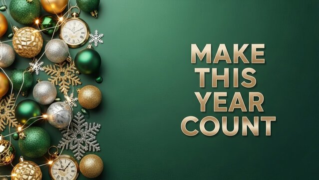 Christmas ornaments and snowflakes with a clock on a green background with text on the right - Powered by Adobe