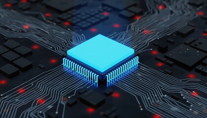 Glowing Blue Microchip Processor on a Futuristic Circuit Board.