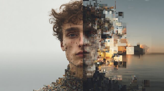Portrait of a young man split vertically, left realistic, right transformed into pixelated and mosaic fragments representing ai image generation concept with half image pixalated.