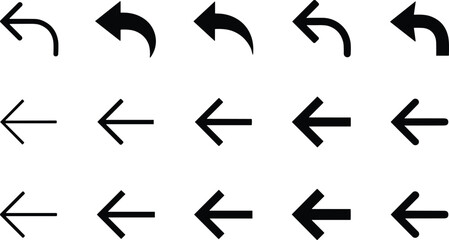 “Collection of bold left arrow icons featuring curved and straight designs for navigation, direction indicators, user interface symbols and graphic elements”