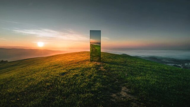 Tall reflective monolith standing on a grassy hill at sunset mirroring sky colors and clouds while suggesting science fiction portal surreal dreams and visionary futures