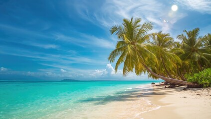 A scenic beach with palm trees, serving as a natural background for relaxation and leisure activities