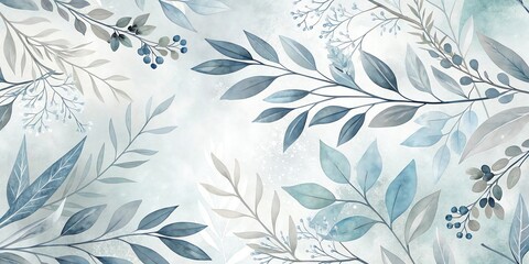 Watercolor blue and grey leaves and berries elegant floral pattern