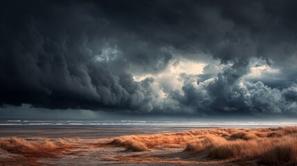 Fototapeta premium Dramatic storm clouds over tranquil beach landscape create a sense of awe and wonder, perfect for travel, weather, and nature themes