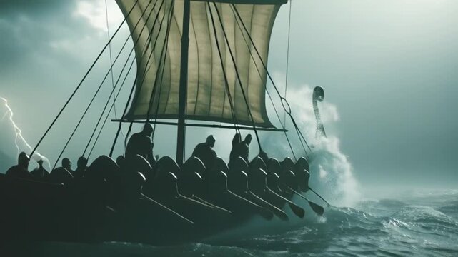 Viking ship navigating through stormy seas with dramatic lighting
