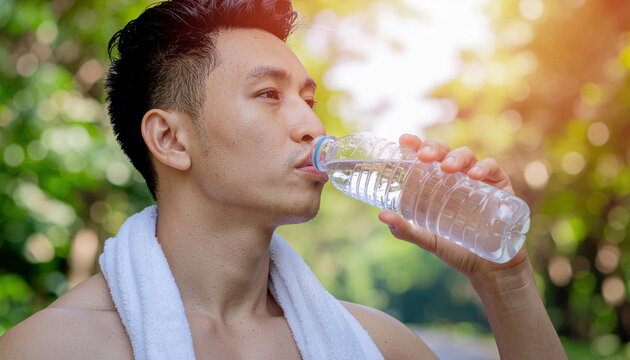 Young man drinking water from a plastic bottle after exercise outdoors with a towel around his neck
