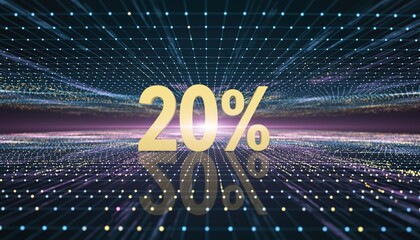 Golden 20 Percent Discount Symbol Glowing on Futuristic Digital Background.