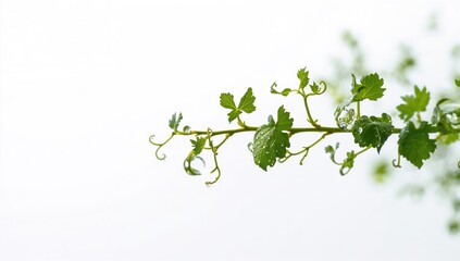 Naklejka premium Green vine plant with raindrops on white background, suitable for botanical or seasonal design purposes