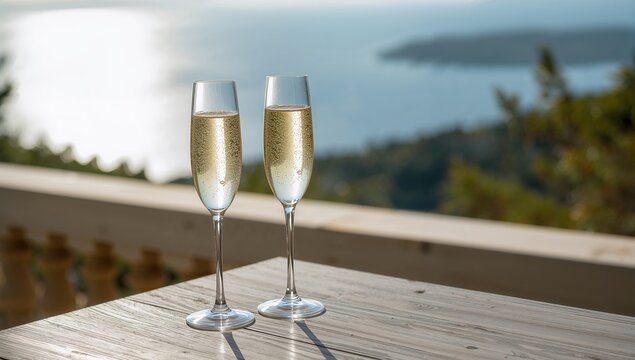Two glasses of prosecco on a rustic wooden surface, suitable for celebratory event decoration