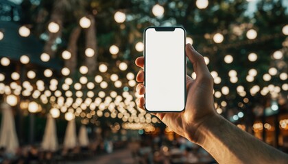 Hand holding a smartphone with a blank screen in front of bokeh lights.