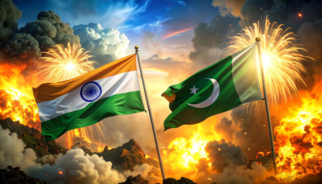 Celebrate India & Pakistan with Vibrant Flags and Fireworks Display on Dramatic Mountain Backdrop for Patriotic Holidays and Cultural Festivals - Powered by Adobe