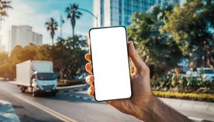 Hand Holding Smartphone with Blank Screen in Urban Delivery Scene.