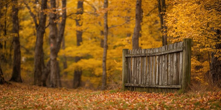 Wooden fence in a forest during autumn, serving as a natural background for landscape photography - Powered by Adobe