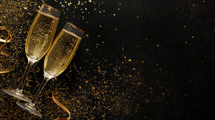 Two elegant champagne glasses, filled with sparkling golden liquid, sit against a stylish backdrop, ready for a toast to celebrate a special occasion.