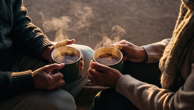 Close up of two people holding steaming mugs of hot beverage outdoors coffee - Powered by Adobe